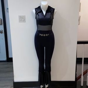 90s* Faux Leather Flower Power Sheer Panel Jumpsuit